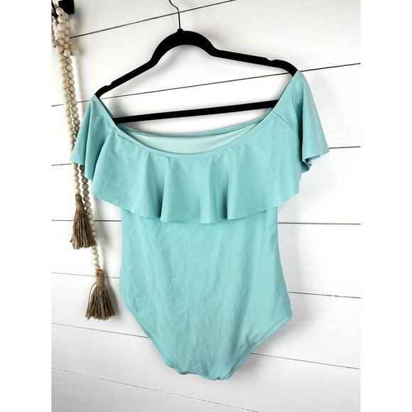 Pre-Loved Aerie aqua off the shoulder one piece sz LRG - Picture 5 of 6